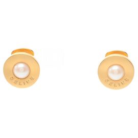 Céline Brincos com logo Celine com pérolas falsas banhadas a ouro para mulheres em dourado e branco. Branco