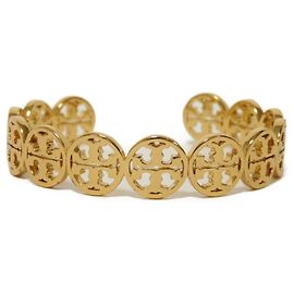 Tory Burch Bangle Bracelet Cuff GP Brass Double T Monogram Plated Gold Women's Golden