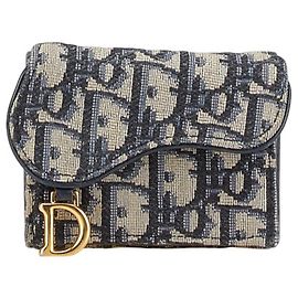 Christian Dior Dior Oblique Saddle fold Wallet Navy Beige Canvas Leather Women's Navy blue