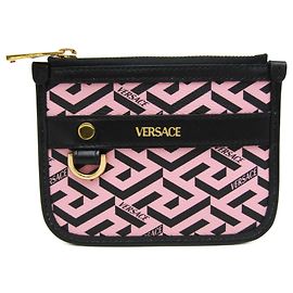 Versace La Greca Women's Leather,PVC Pouch Black,Pink Black