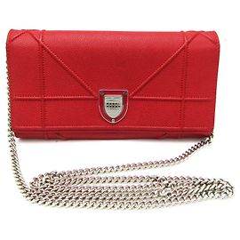 Christian Dior Diorama Women's Leather Chain/Shoulder Wallet Red Color Red