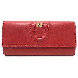 Salvatore Ferragamo Gancini Wallet Long Wallet Red Beige/GoldHardware Red
