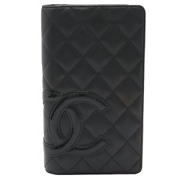 CHANEL Linha Cambon Carteira Longa Dobrada Marca Coco Couro de Bezerro Macio Esmalte Preto Preto