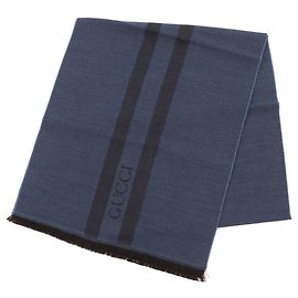GUCCI % Wool Herringbone Pattern Shawl with Embroidered Logo and Fringe, Blue Brown, x , Authentic, Made in Italy, Men's Blue