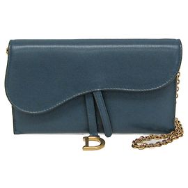 Cartera de cadena Christian Dior Saddle de piel de cabra para mujer, azul verde Azul