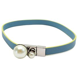 Choker Christian Dior (S) Blu x Giallo Pelle Argento Metallo Blu