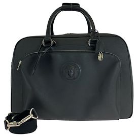 Gianni Versace Medusa black leather Boston bag with silver hardware for men. Black