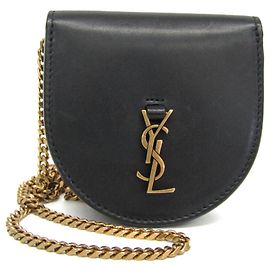 Bolsa de moedas de couro para mulher com corrente e logotipo Cassandra da Saint Laurent - Preto Preto