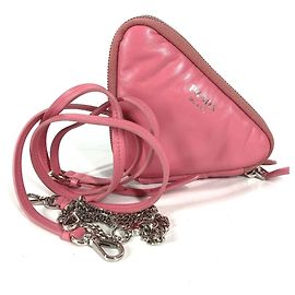 PRADA Prada Chain Double Triangle Logo Plate Pochette Pouch Shoulder Bag Leather Women's Pink Pink