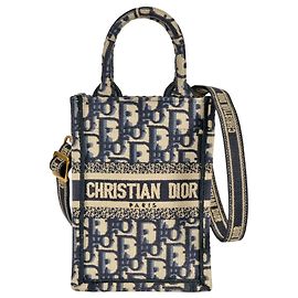 Christian Dior Dior Book Tote Mini Vertical Handbag, Canvas, Blue, with Shoulder Strap, Oblique, Women's Blue