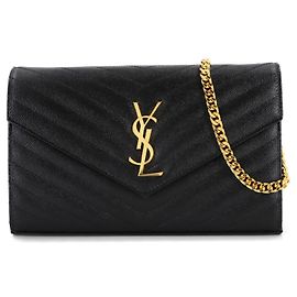 Portafoglio a catena Cassandra Saint Laurent, pelle nera con hardware dorato, modello. Nero
