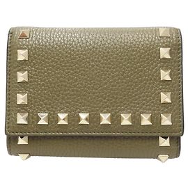 Valentino Rockstud Trifold Wallet Leather Khaki Khaki