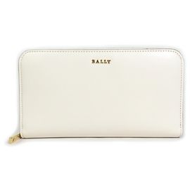 BALLY Round Zipper Long Wallet Leather Ivory Unisex Cream
