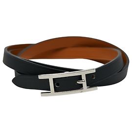 Bracciale Lungo Api Hermès in Pelle Nera e Metallo Argento per Uomini Nero