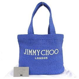 JIMMY CHOO East West Medium Raffia Sky x Latte Beach Tote Bag Blue