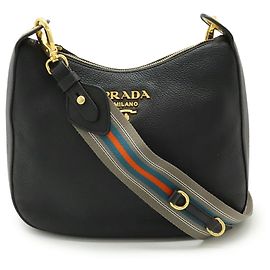 Bolsa de Ombro Prada Vitello Phoenix, Couro Listrado, Preto Nero, Comprada em um Outlet Japonês, Preto