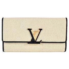 Portafoglio Lungo Capucines in Tela e Pelle Beige RFID per Donna Louis Vuitton Nero