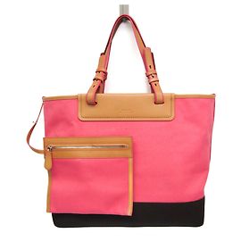 Bally BATINKA Women's Leather,Canvas Tote Bag Beige,Coral Pink,Dark Brown Brown