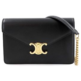 Céline Celine Margo Triomphe Cadena Cartera, Cuero Negro con Herrajes Dorados, Negro