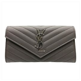 Saint Laurent YSL Cassandra Stitch Leather Long Wallet, , Gray, Unisex Brown