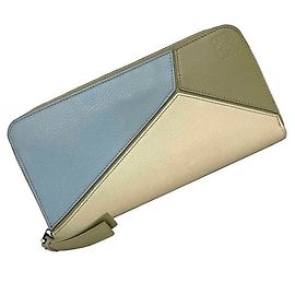 LOEWE Round Long Wallet Beige Light Blue Puzzle Zip Around Leather Anagram Engraved Blue