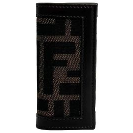 FENDI Zucca FF Leather Canvas -Ring Key Case Cover Brown/Black Black