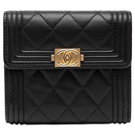 CHANEL Boy Chanel Bifold Wallet Black Lambskin Women's Black