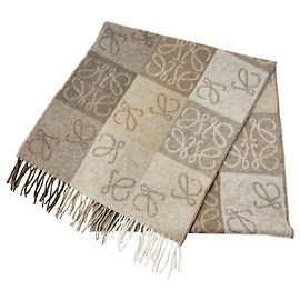 Cachecol xadrez LOEWE para mulheres, em lã e caxemira, bege e branco, com franjas Branco