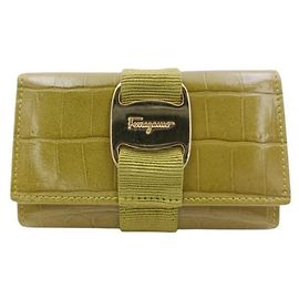 Salvatore Ferragamo Vara Key Case, Khaki Embossed Leather, Women's, -Row Ring Khaki