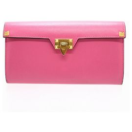 Valentino Rockstud Leather Pink Red fold Long Wallet GARAVANI Pink