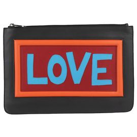 FENDI Pouch Second Bag Leather Black Multicolor Clutch LOVE Black