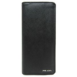 Carteira longa de couro masculina Prada (dobrada) Preta Preto