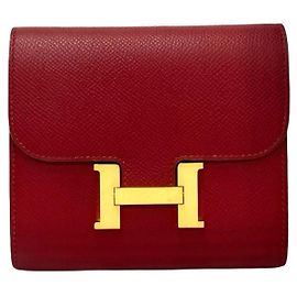 Hermès HERMES Constance Compact Leather Bifold Mini Wallet in Rouge Grenat Red