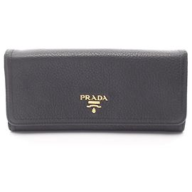 Prada VIT DAINO Women's Leather fold Long Wallet, Black, Black