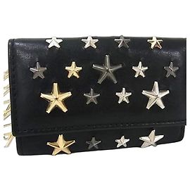 JIMMY CHOO Neptune Black Leather Key Case with Star Studs Black