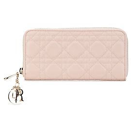 Christian Dior Dior Cannage Round Long Wallet Pink Leather Women's Pink