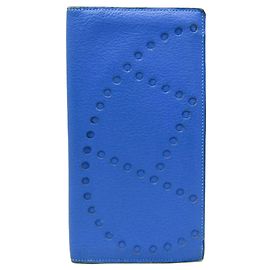 Hermès Hermes Evelyne Fleming Men,Women Chevre Leather Long Bill Wallet (fold) Royal Blue Blue
