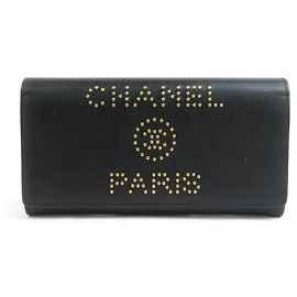 CHANEL Long Wallet Deauville Caviar Leather Black Women's Black