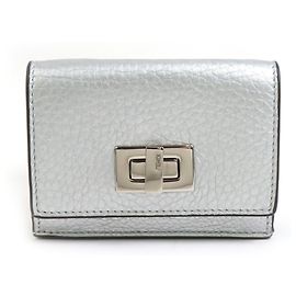 FENDI fold Wallet Peekaboo Leather Silver Men's Women's -AQEV Silvery