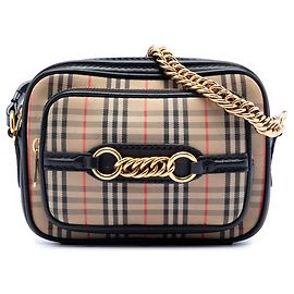 Bolsa de câmera Link em lona e couro de bezerro xadrez marrom 1983 da Burberry Marrom Bege