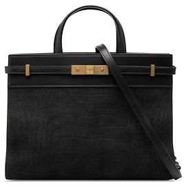 Saint Laurent Black Small Leather Croc Embossed Manhattan Satchel Black