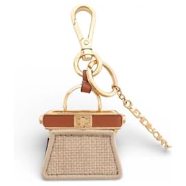NEUER FENDI MINI PEEKABOO HANDTASCHE RAPHIA CHARME SCHLÜSSELRING Beige