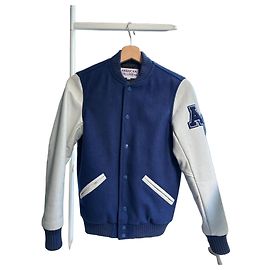 American College Blue and white teddy jacket in leather and wool, excellent condition White Blue