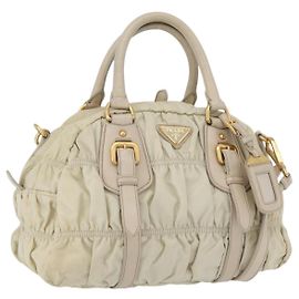 PRADA Geraffte Handtasche Nylon 2-Wege Elfenbein Gold Auth 173201 Golden Roh