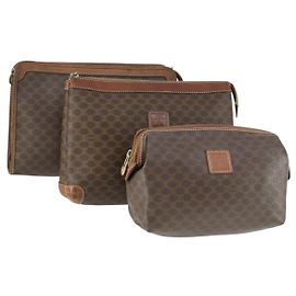 Céline Bolsa clutch em lona Macadam CELINE em couro PVC 3 peças marrom Auth 169517 Marrom