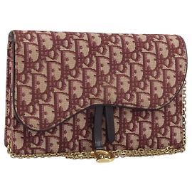 Bolsa de ombro em lona Trotter Christian Dior com corrente vermelha e dourada Auth 170648 Vermelho Dourado