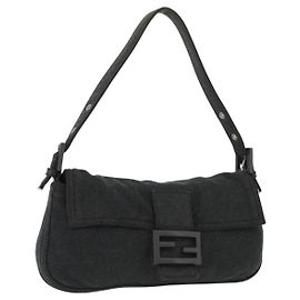 FENDI Mamma Baguette Bolso de Mano de Algodón Gris Plata Auth bs33536 Castaño Plata