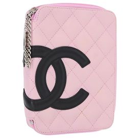 CHANEL Cambon Line Pouch Leather Pink Silver CC Auth ki6427M Silvery Pink