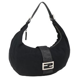 FENDI Mamma Baguette Shoulder Bag Nylon Black Silver Auth ep13517 Black Silvery