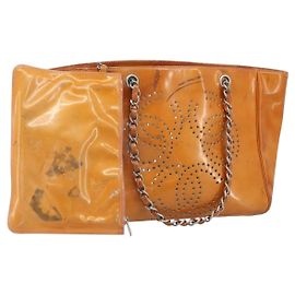 CHANEL Chain Tote Bag Patent leather Orange Silver CC Auth 169018 Silvery Orange